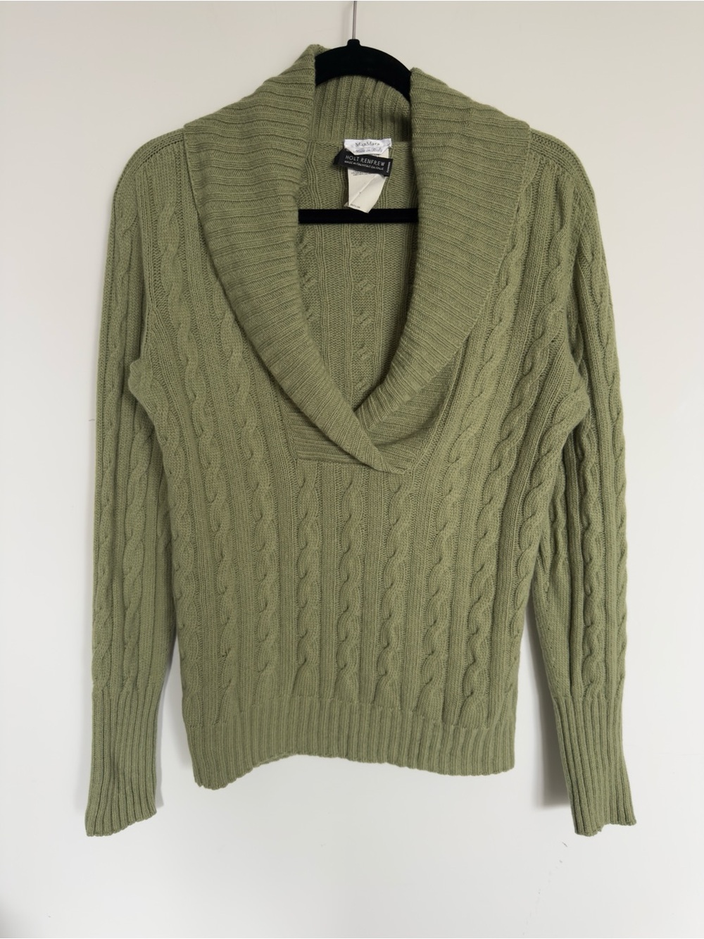 MaxMara Cashmere Wool Olive Green Cable-Knit Cowl Sweater